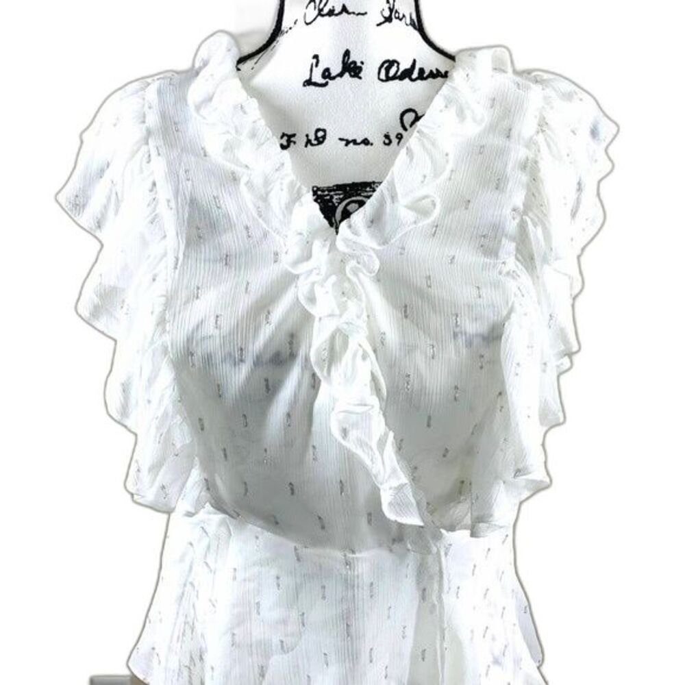 Maison D Amelie white blouse short sleeve translucent front ruffle top size S